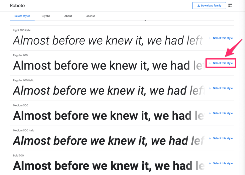 Google Fontsのスタイルを決める